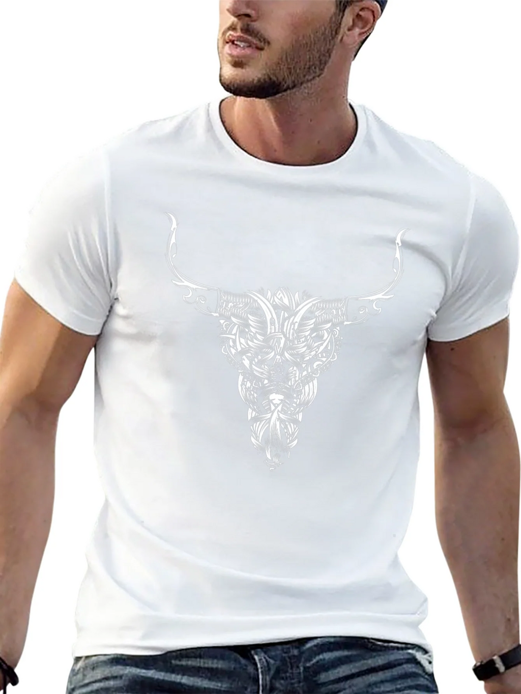 Black Tee with Bull Skull Tribal Art