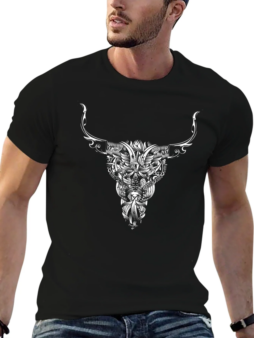 Black Tee with Bull Skull Tribal Art