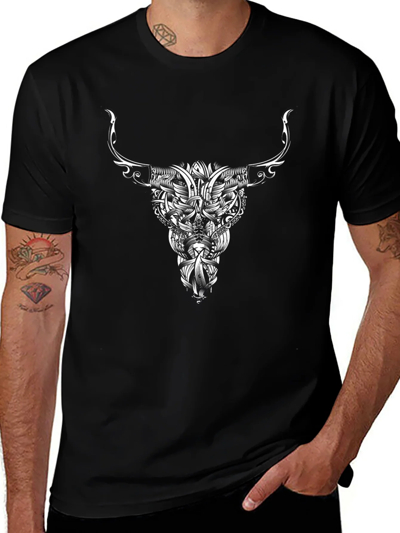 Black Tee with Bull Skull Tribal Art