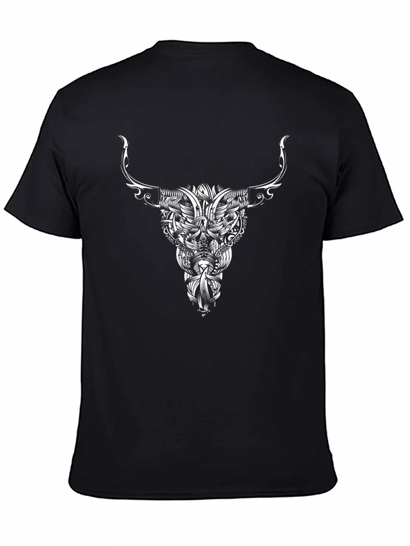 Black Tee with Bull Skull Tribal Art