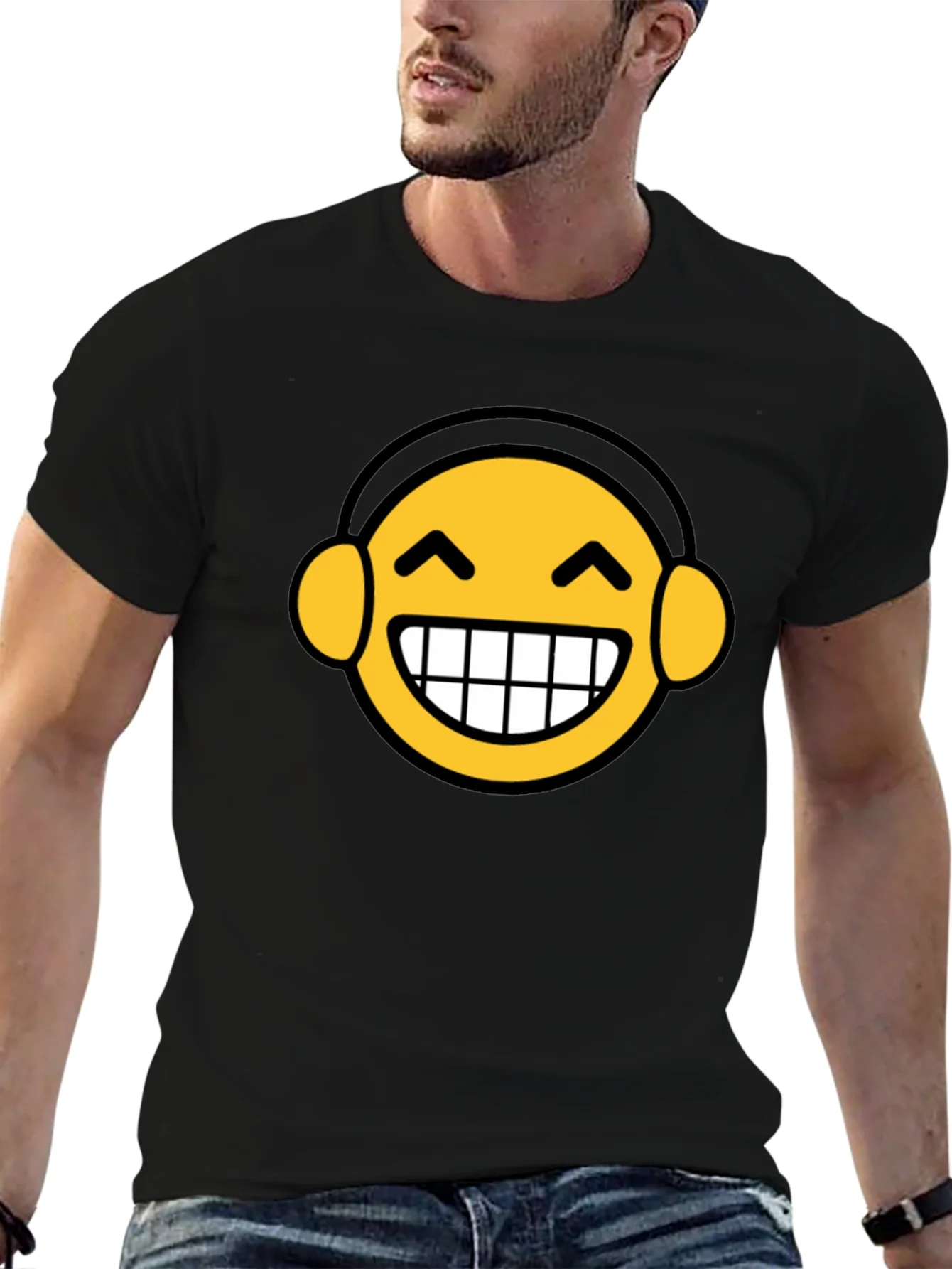 Funny Emoji Headphone Graphic Tee - Black