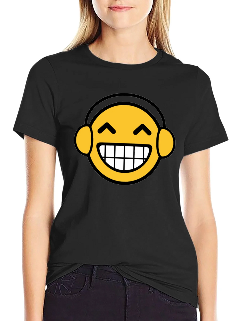 Funny Emoji Headphone Graphic Tee - Black