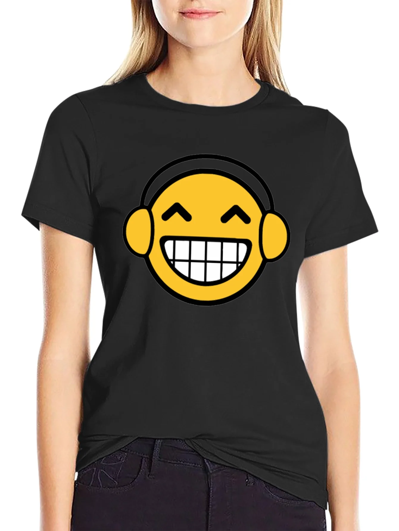 Funny Emoji Headphone Graphic Tee - Black