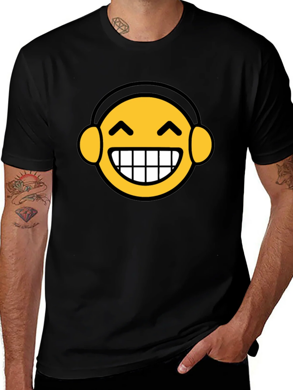 Funny Emoji Headphone Graphic Tee - Black