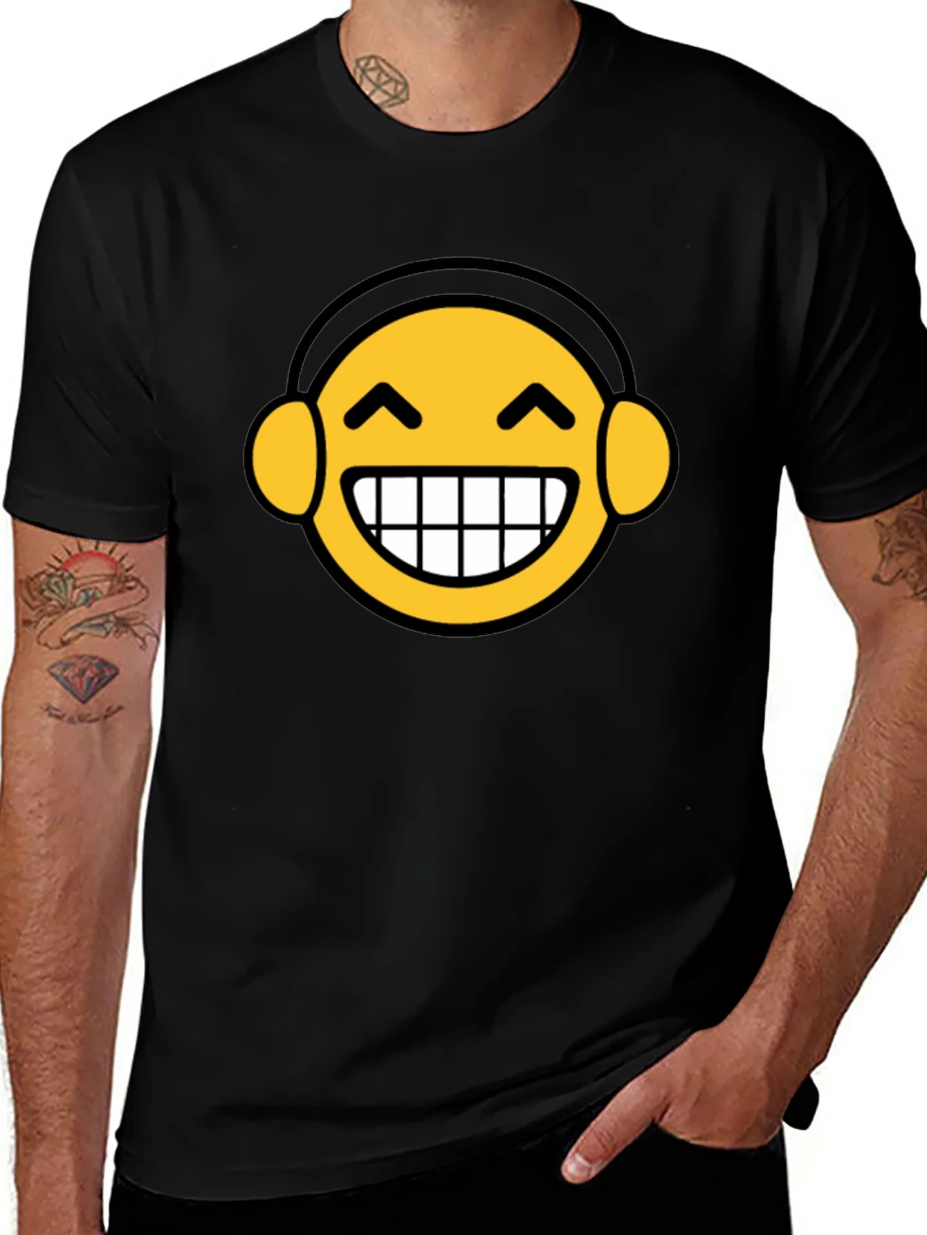 Funny Emoji Headphone Graphic Tee - Black