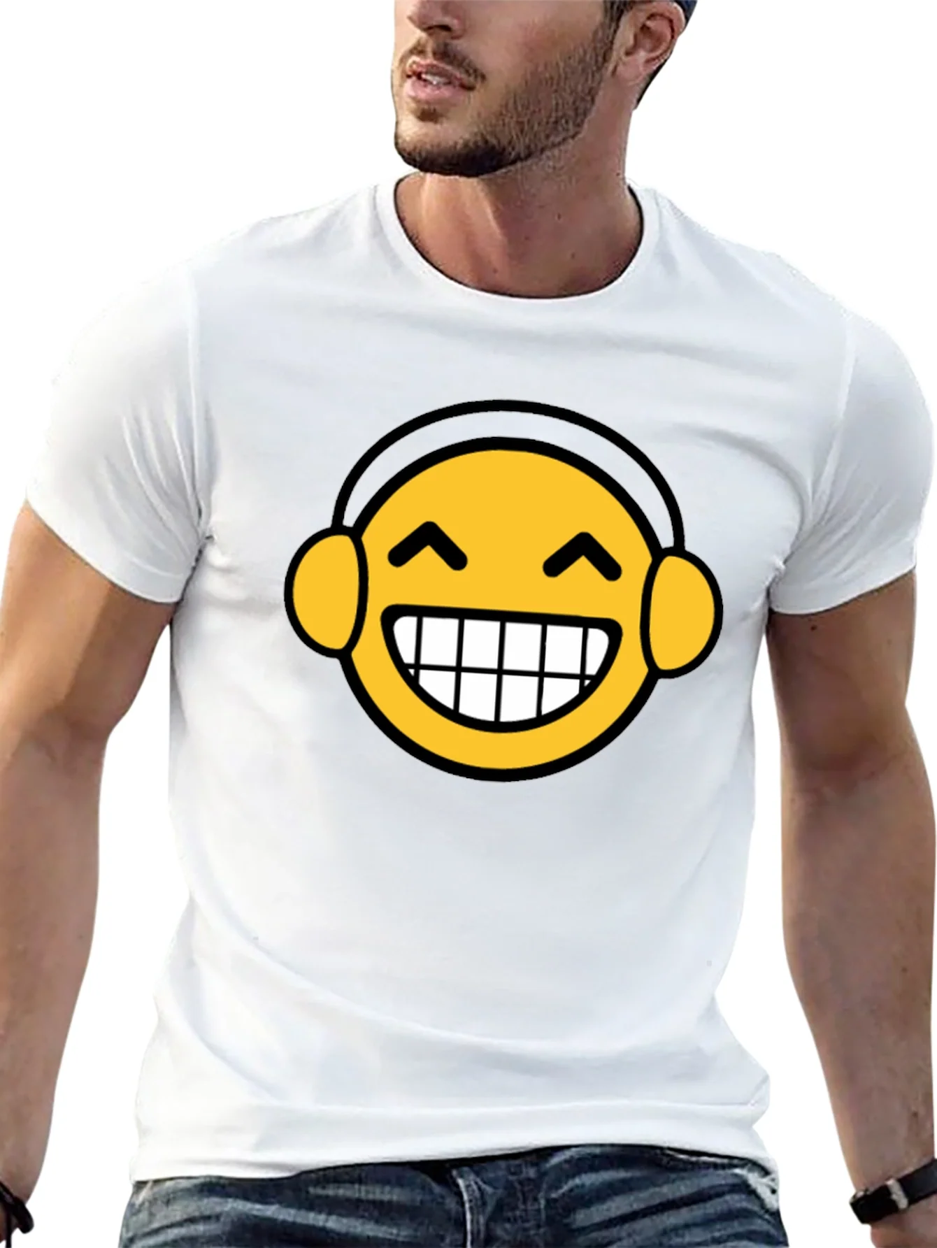 Funny Emoji Headphone Graphic Tee - Black