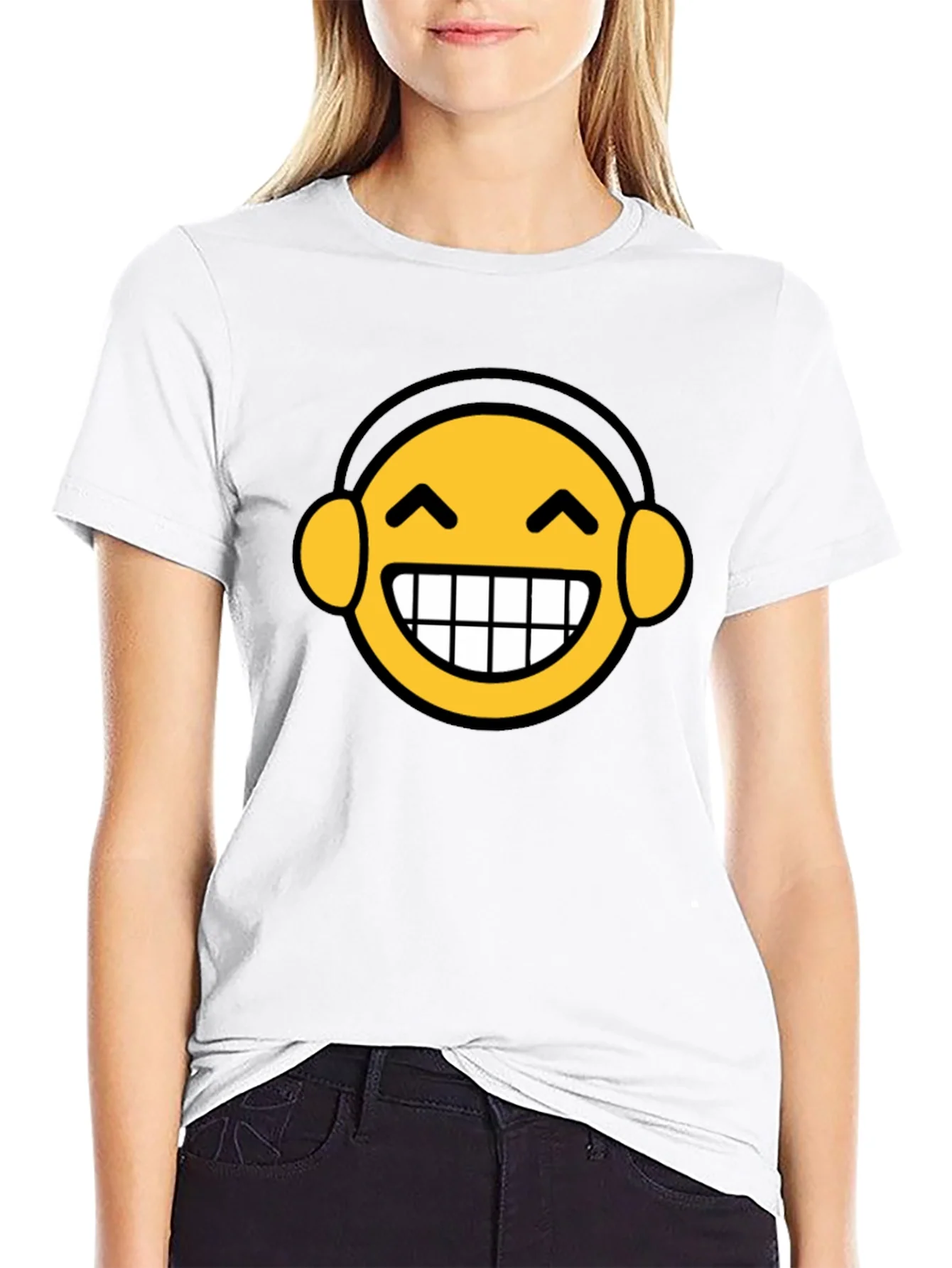 Funny Emoji Headphone Graphic Tee - Black