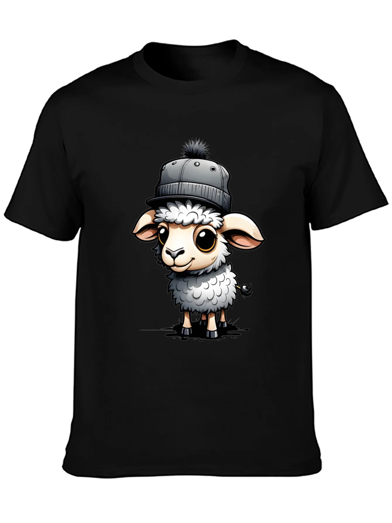 Cute Sheep in Hat Graphic Tee - Stylish Black T-Shirt