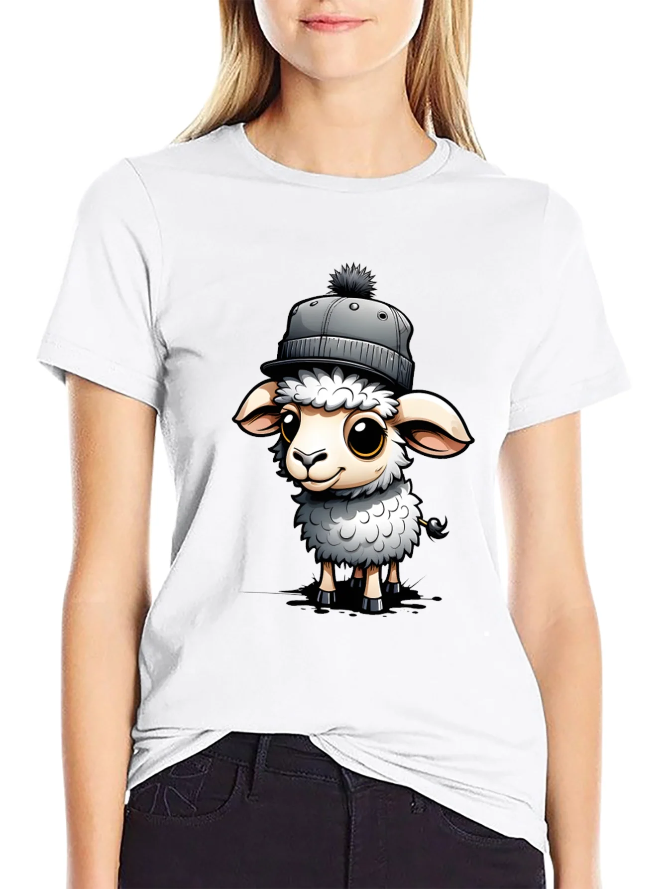 Cute Sheep in Hat Graphic Tee - Stylish Black T-Shirt
