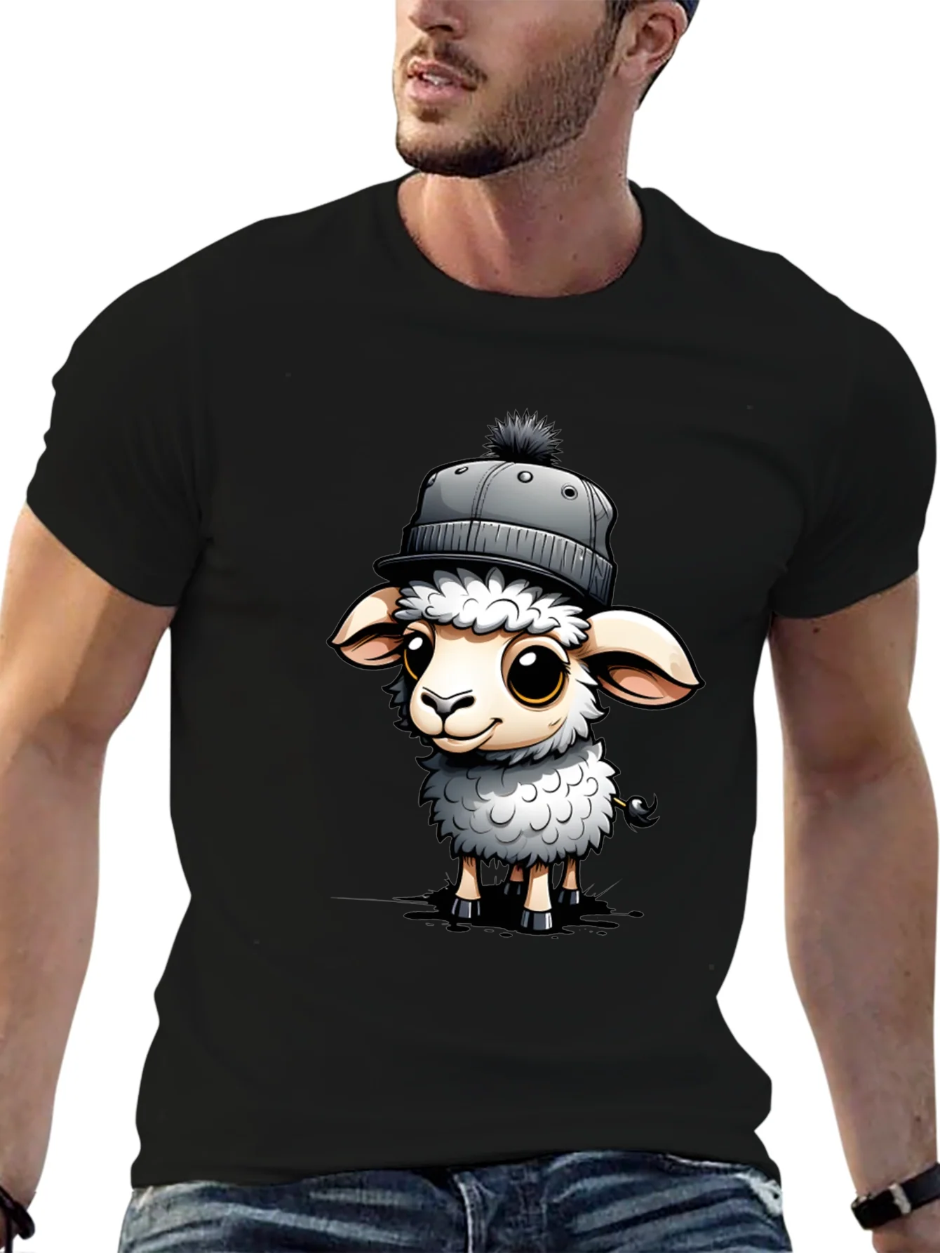 Cute Sheep in Hat Graphic Tee - Stylish Black T-Shirt