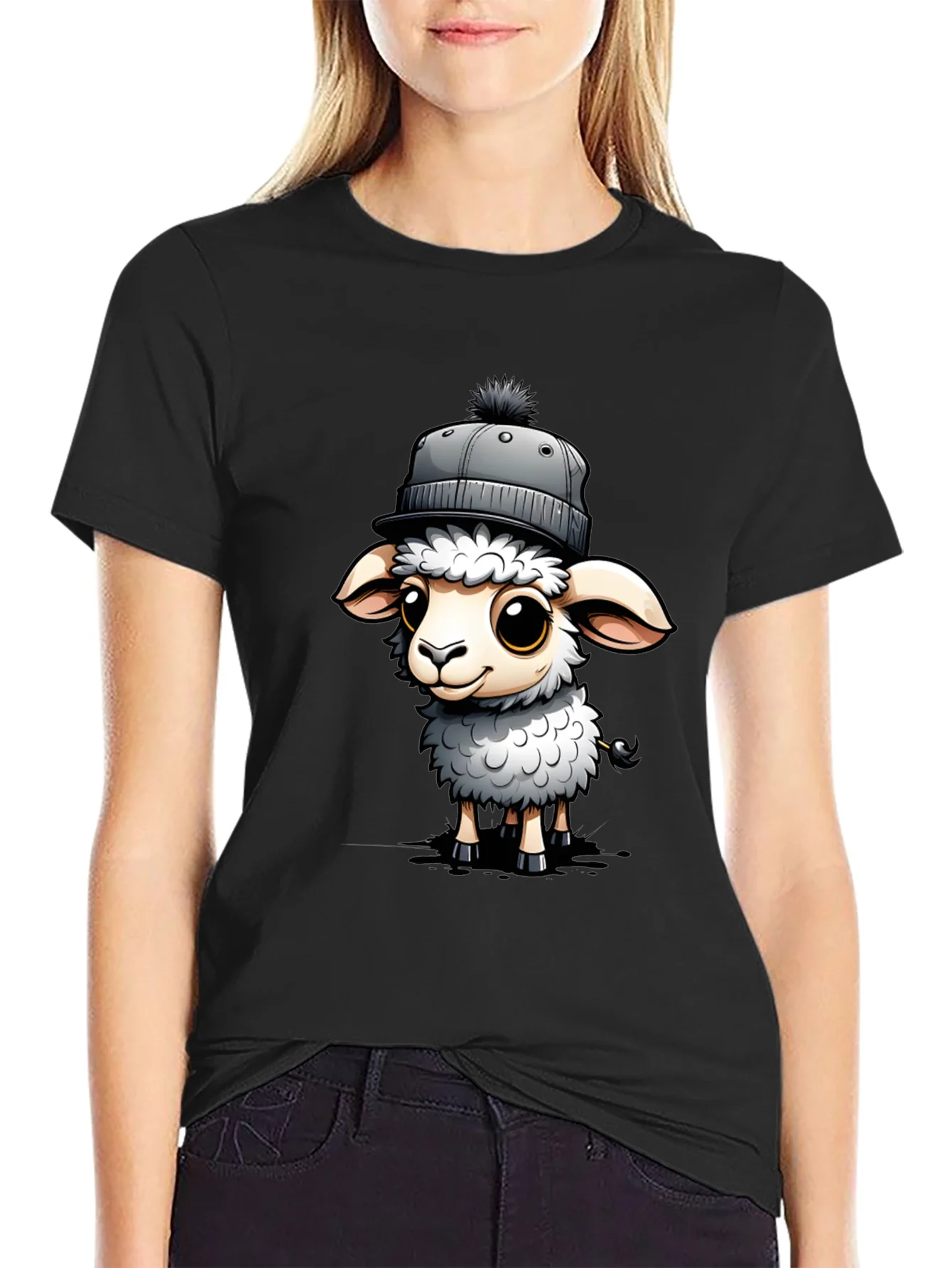 Cute Sheep in Hat Graphic Tee - Stylish Black T-Shirt