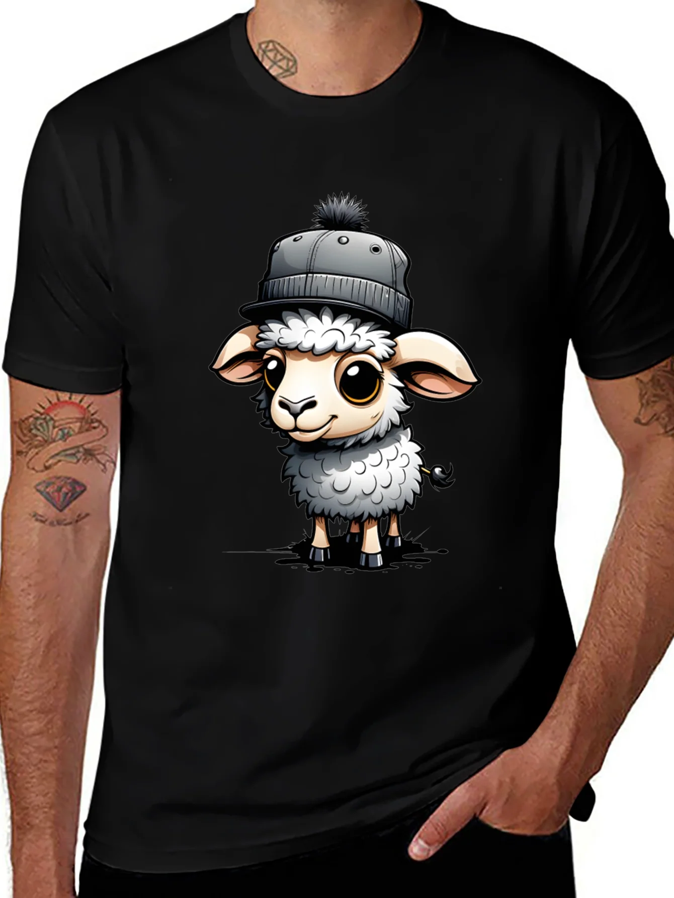 Cute Sheep in Hat Graphic Tee - Stylish Black T-Shirt
