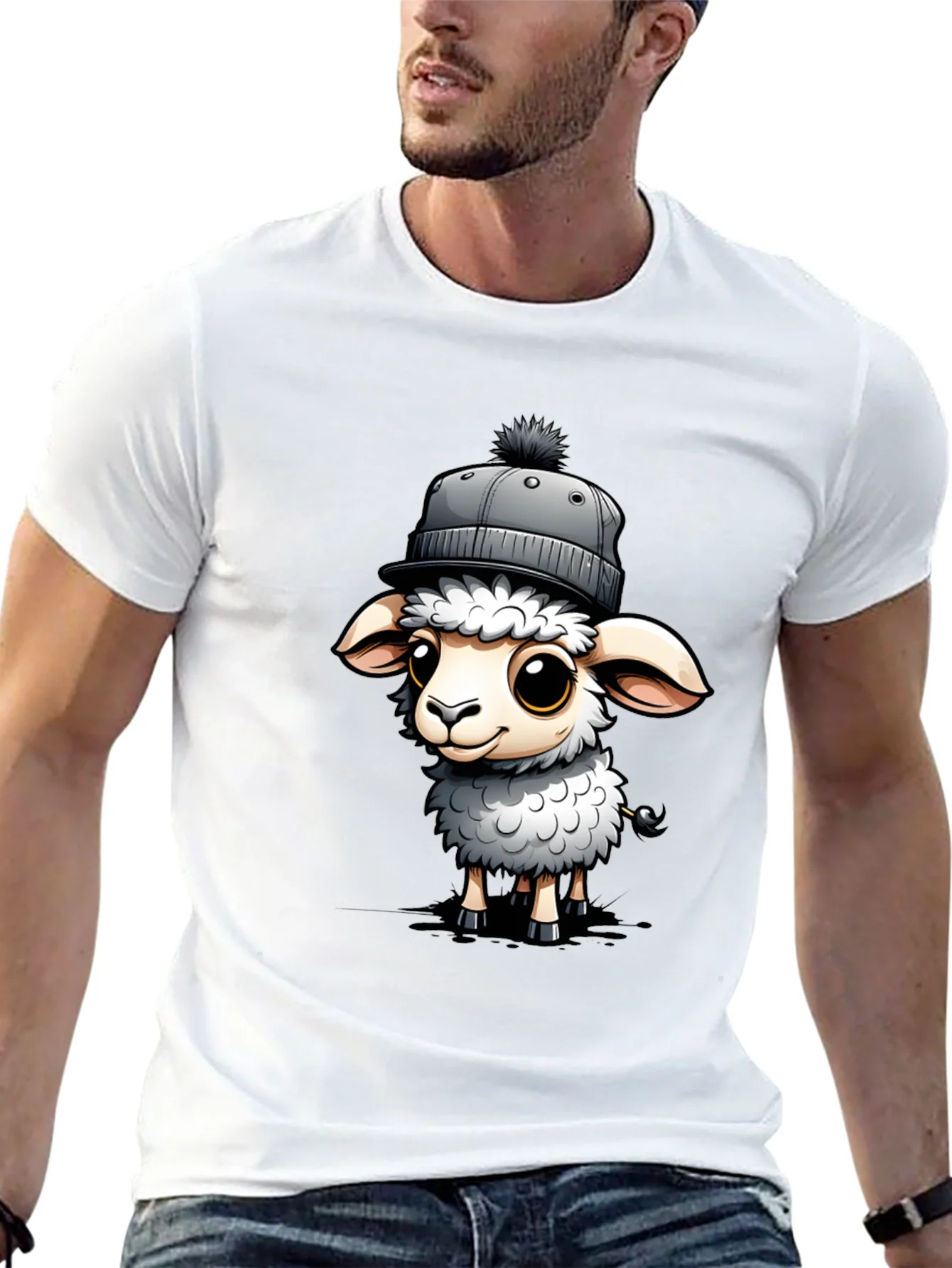 Cute Sheep in Hat Graphic Tee - Stylish Black T-Shirt