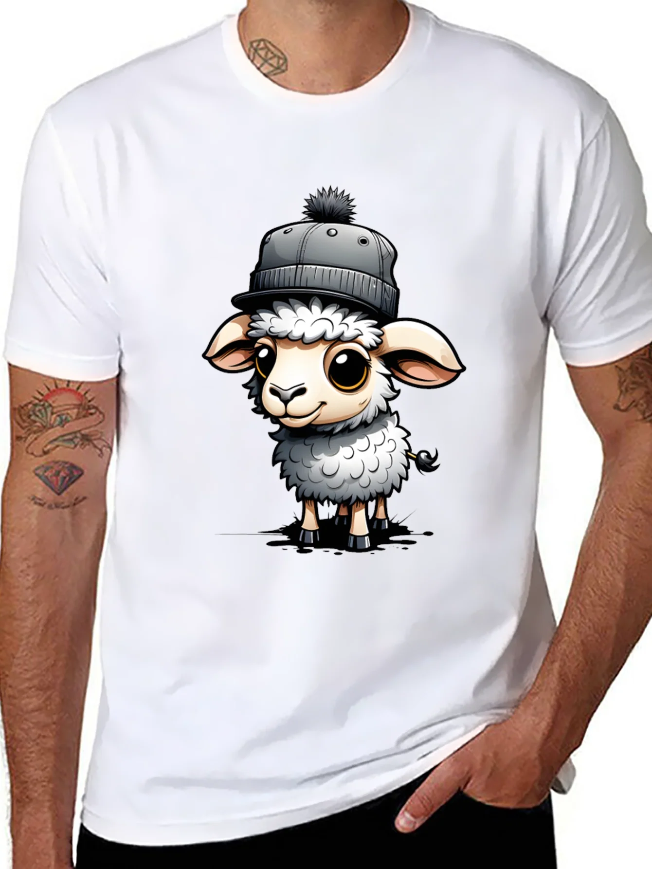 Cute Sheep in Hat Graphic Tee - Stylish Black T-Shirt