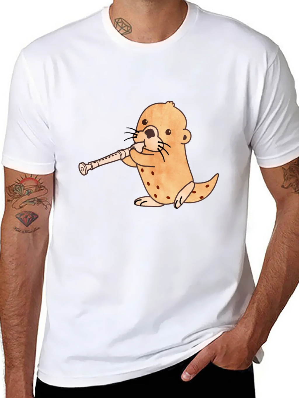 Funny Otter Playing Flute Black T-Shirt