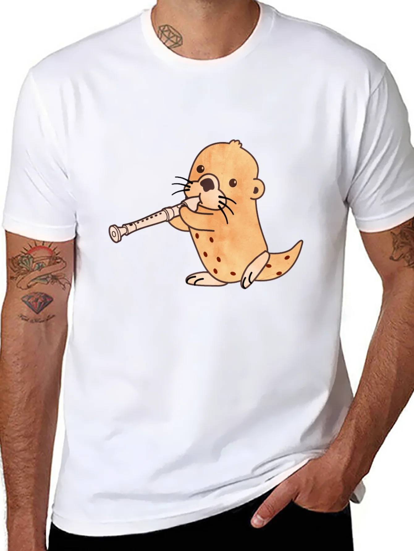 Funny Otter Playing Flute Black T-Shirt