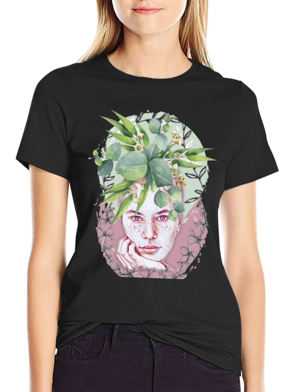 Floral Woman Graphic Tee - Stylish Black T-Shirt