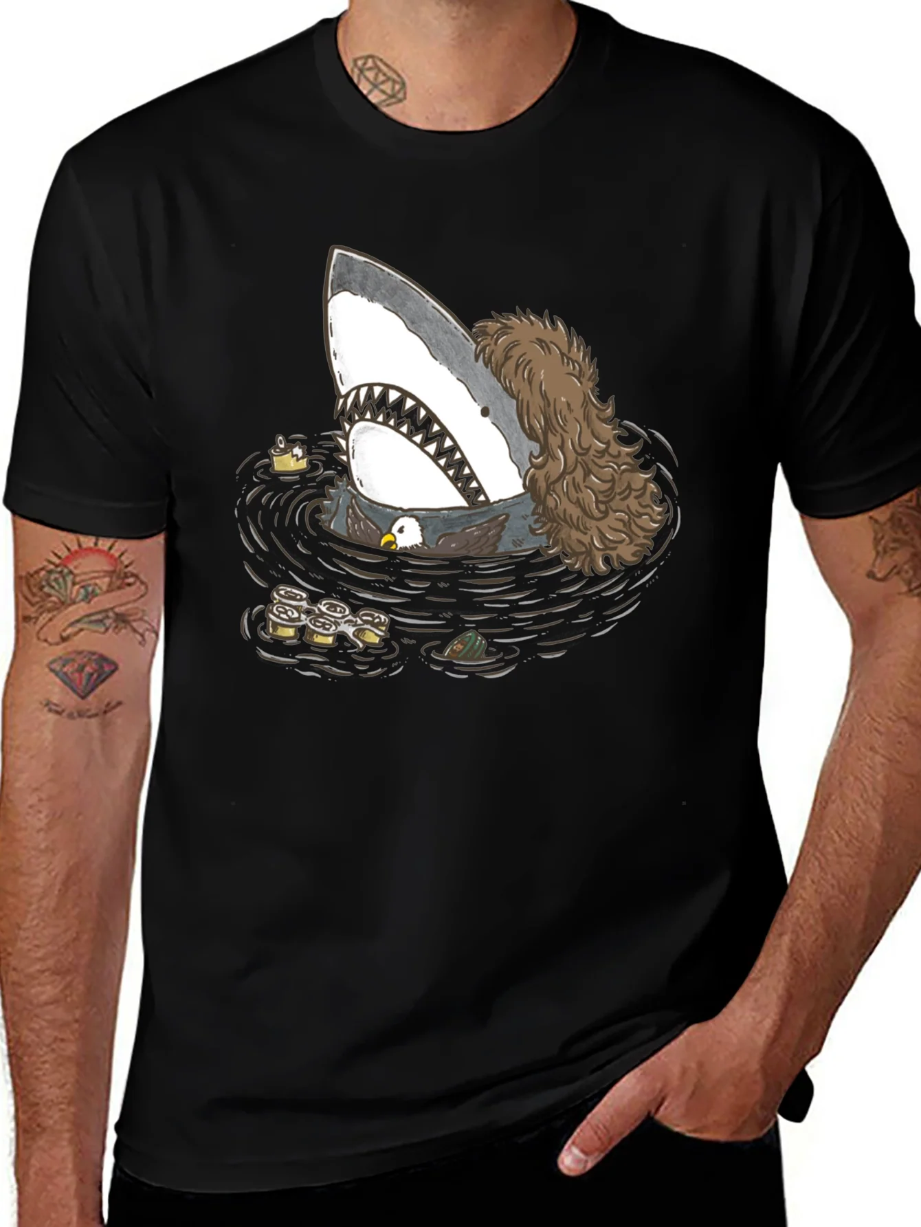 Funny Shark T-Shirt with Eagle and Sushi Design