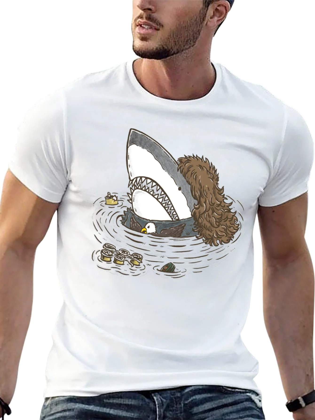 Funny Shark T-Shirt with Eagle and Sushi Design