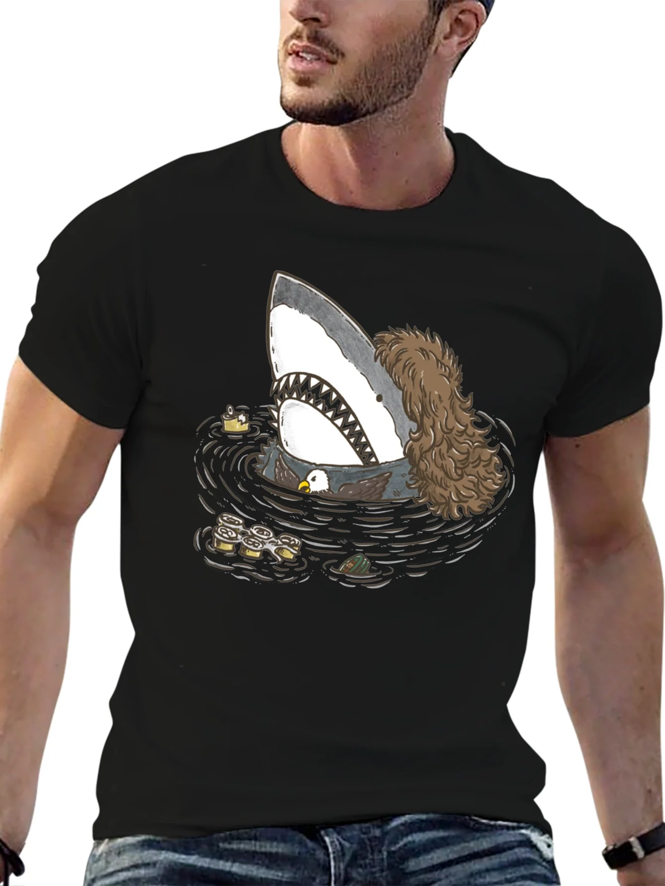 Funny Shark T-Shirt with Eagle and Sushi Design