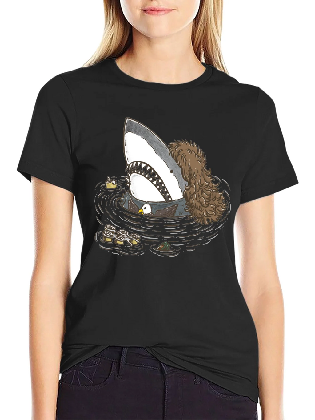 Funny Shark T-Shirt with Eagle and Sushi Design