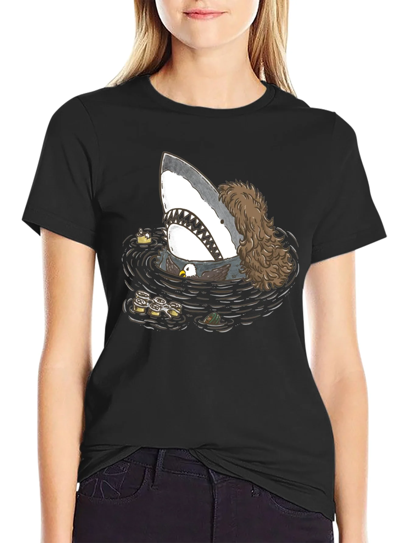 Funny Shark T-Shirt with Eagle and Sushi Design