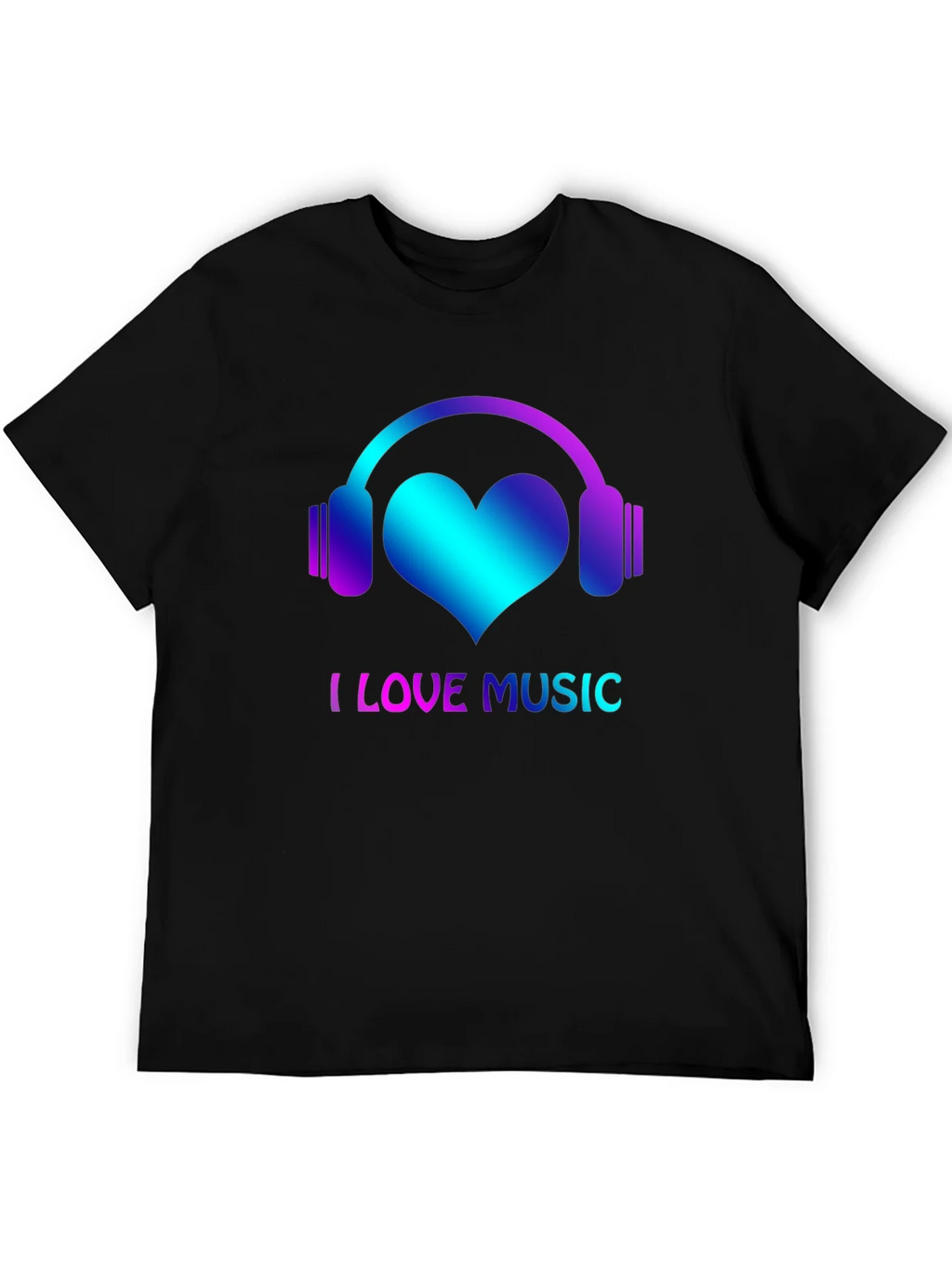 I Love Music Black T-Shirt with Headphone Heart Design