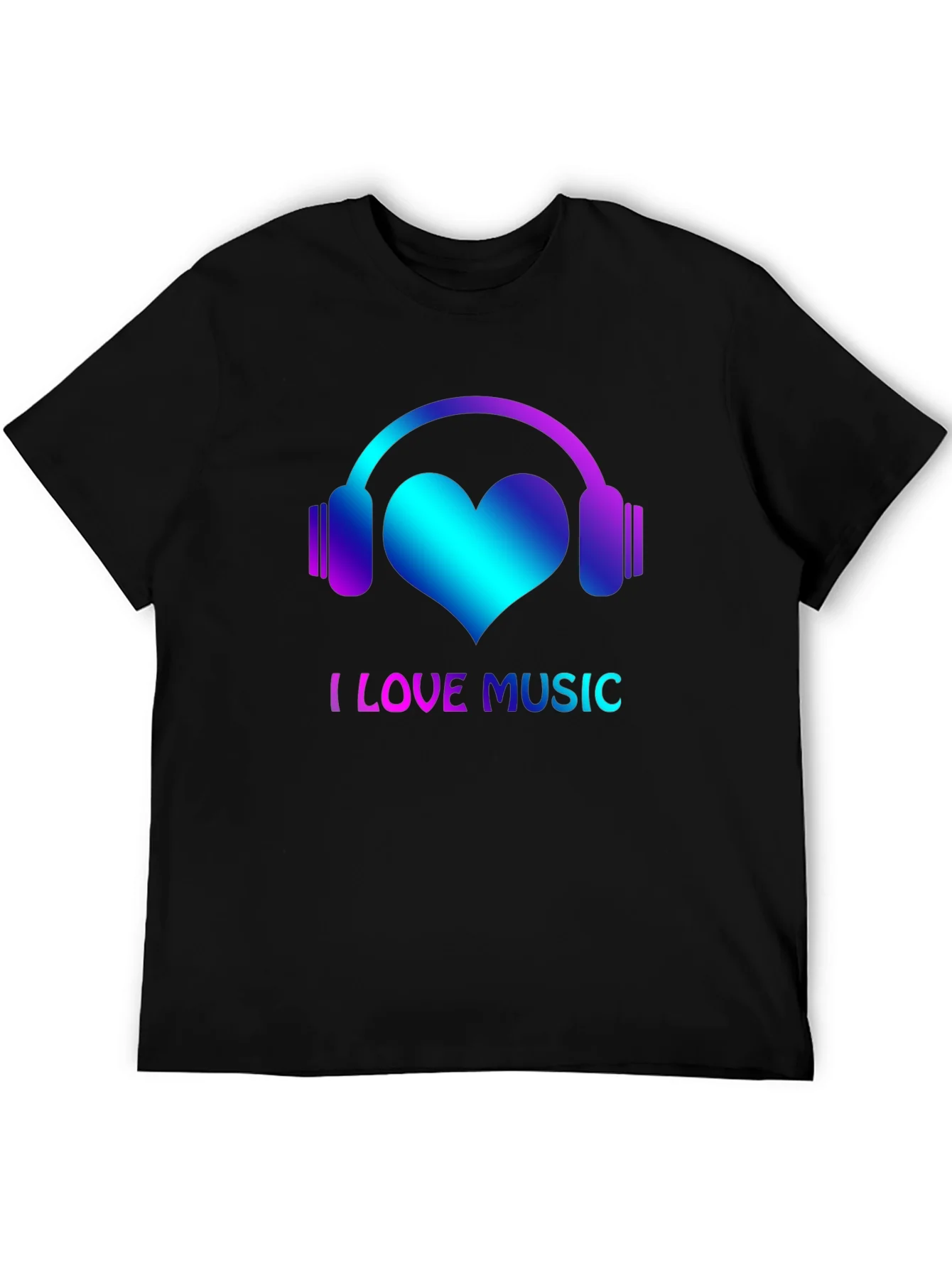 I Love Music Black T-Shirt with Headphone Heart Design