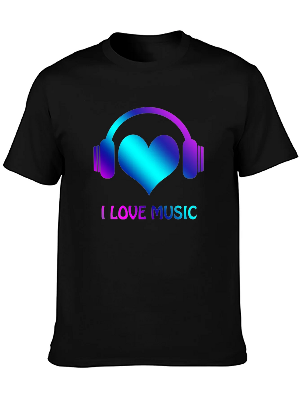 I Love Music Black T-Shirt with Headphone Heart Design