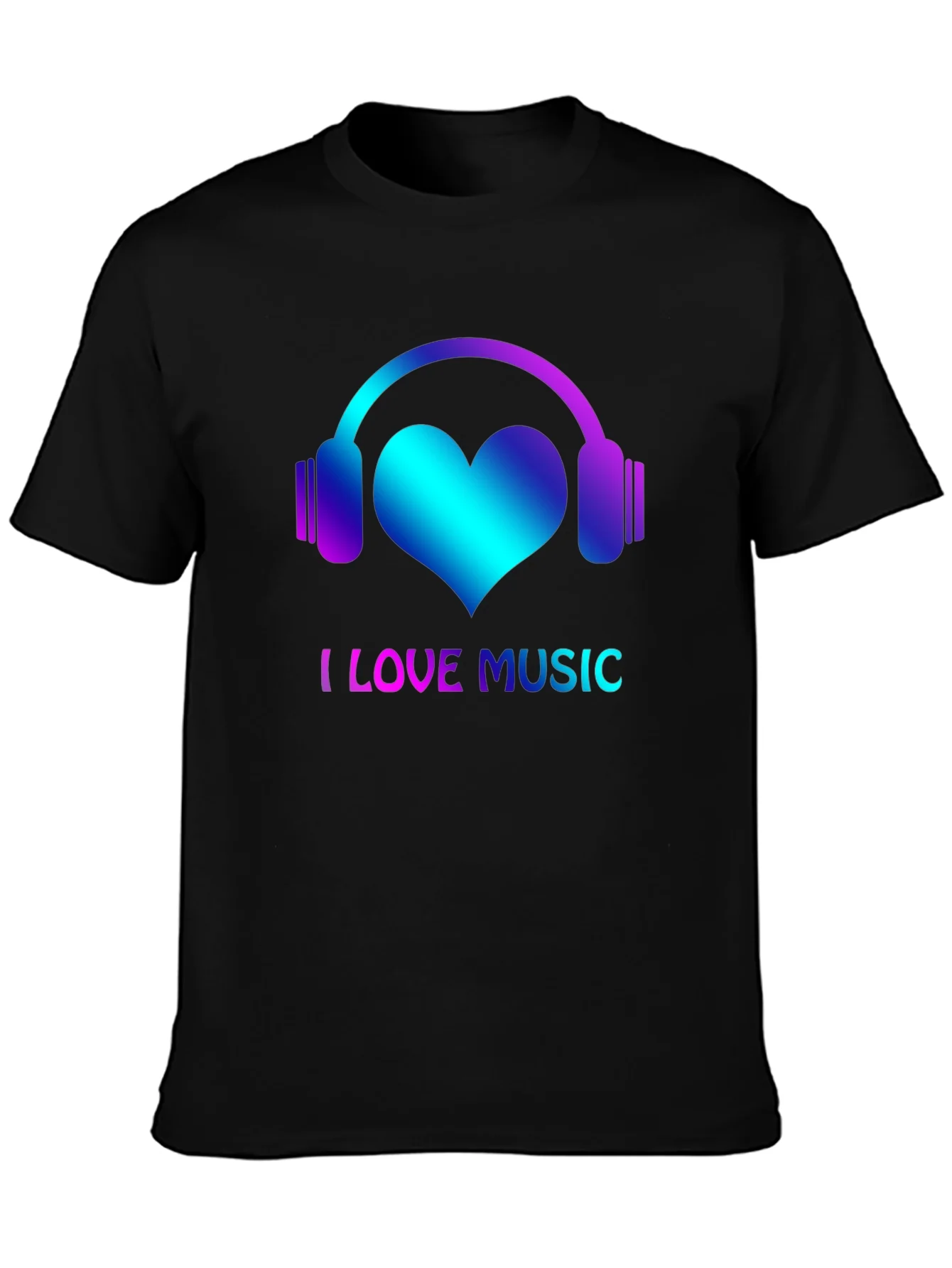 I Love Music Black T-Shirt with Headphone Heart Design