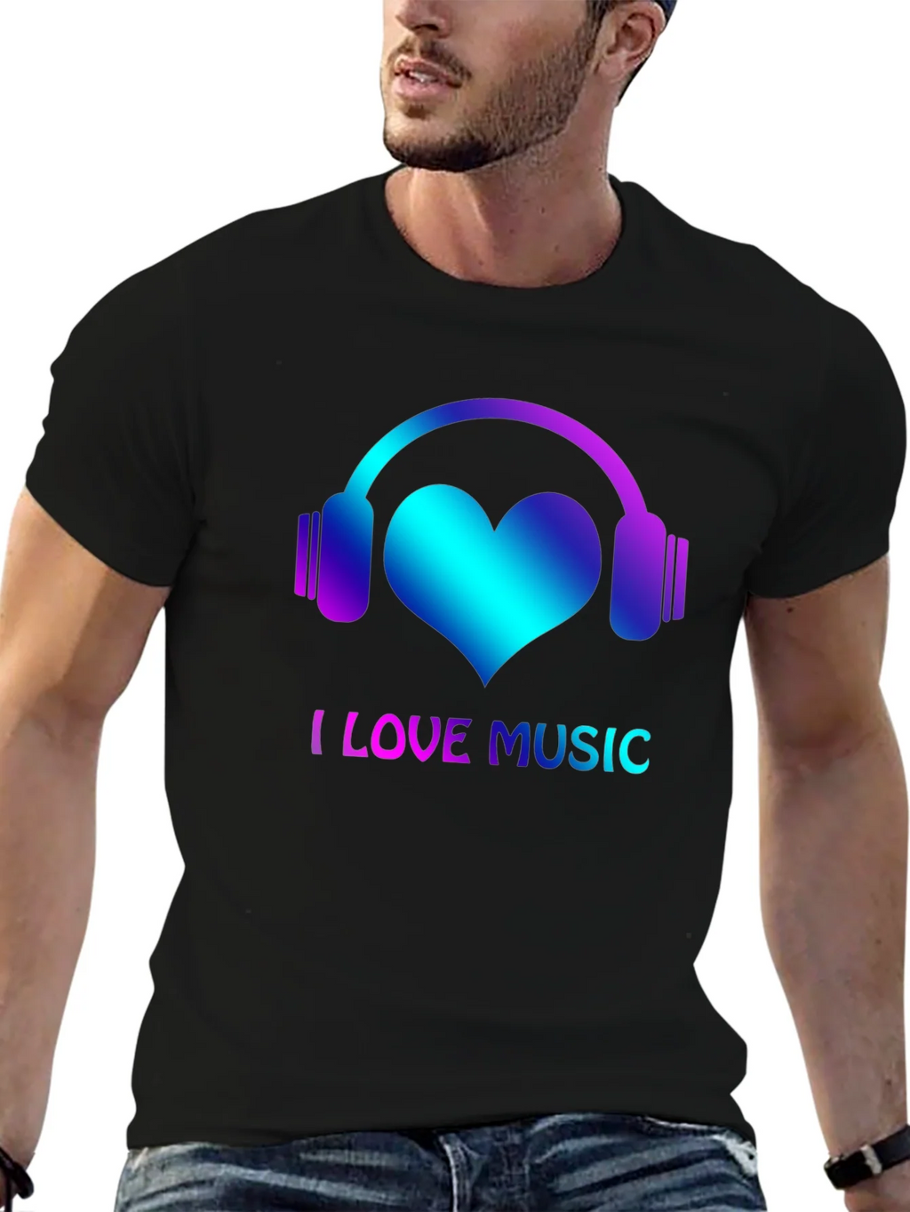 I Love Music Black T-Shirt with Headphone Heart Design
