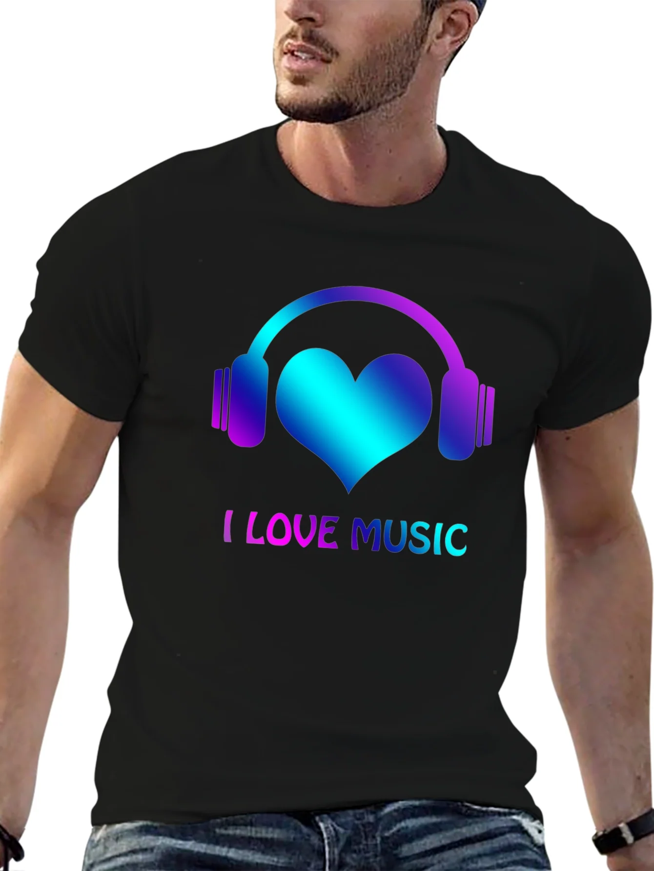 I Love Music Black T-Shirt with Headphone Heart Design