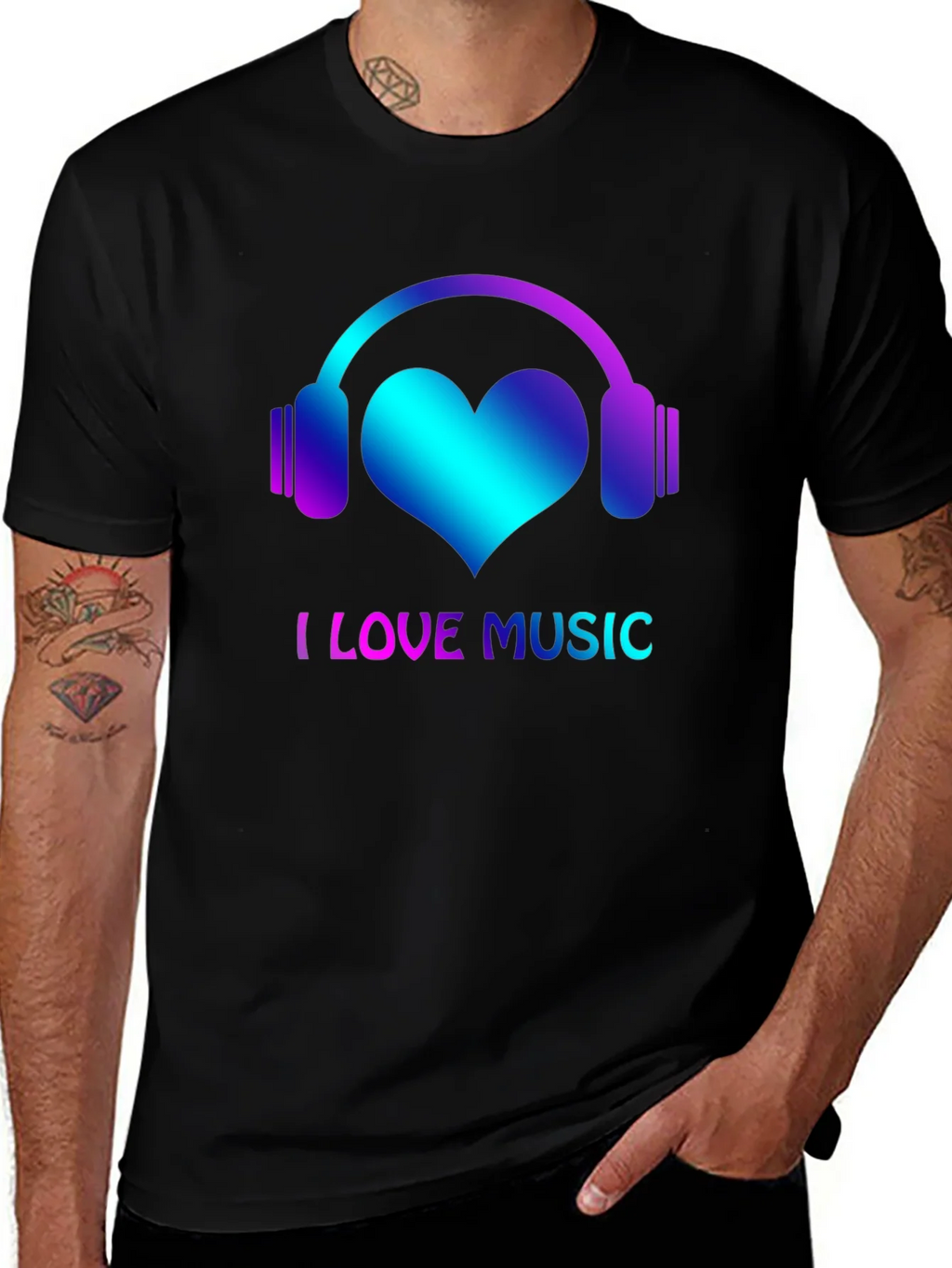 I Love Music Black T-Shirt with Headphone Heart Design