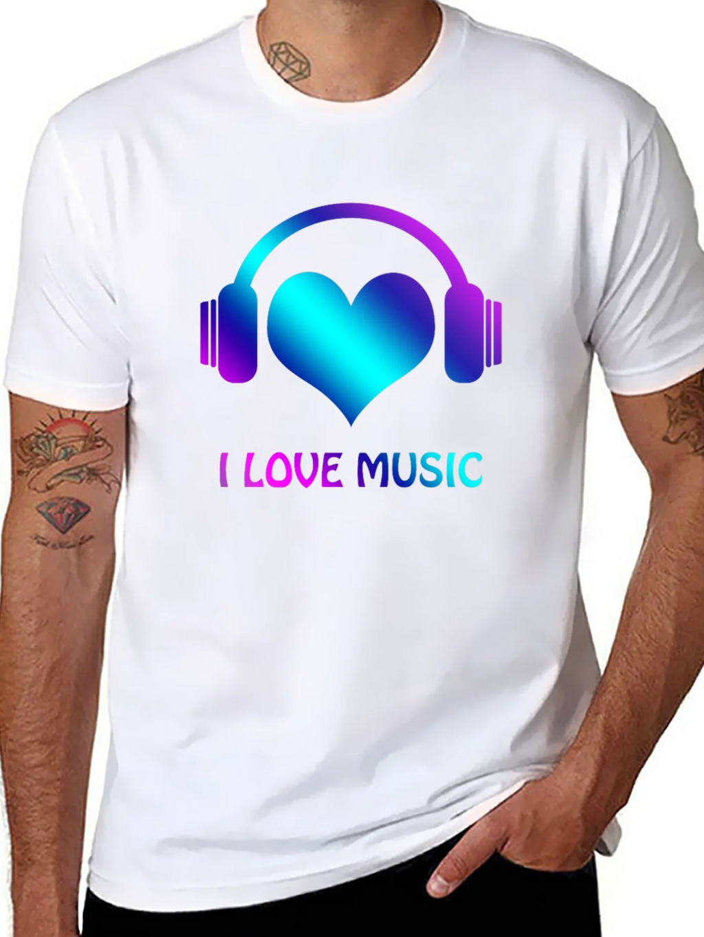 I Love Music Black T-Shirt with Headphone Heart Design