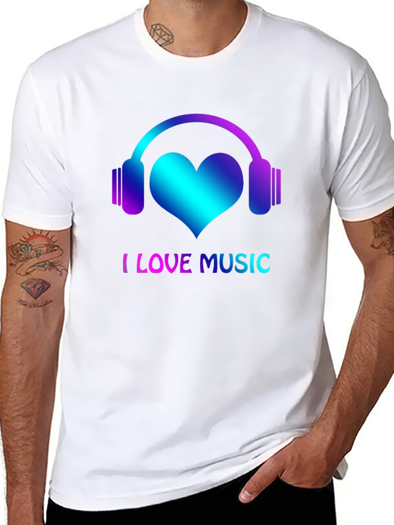 I Love Music Black T-Shirt with Headphone Heart Design