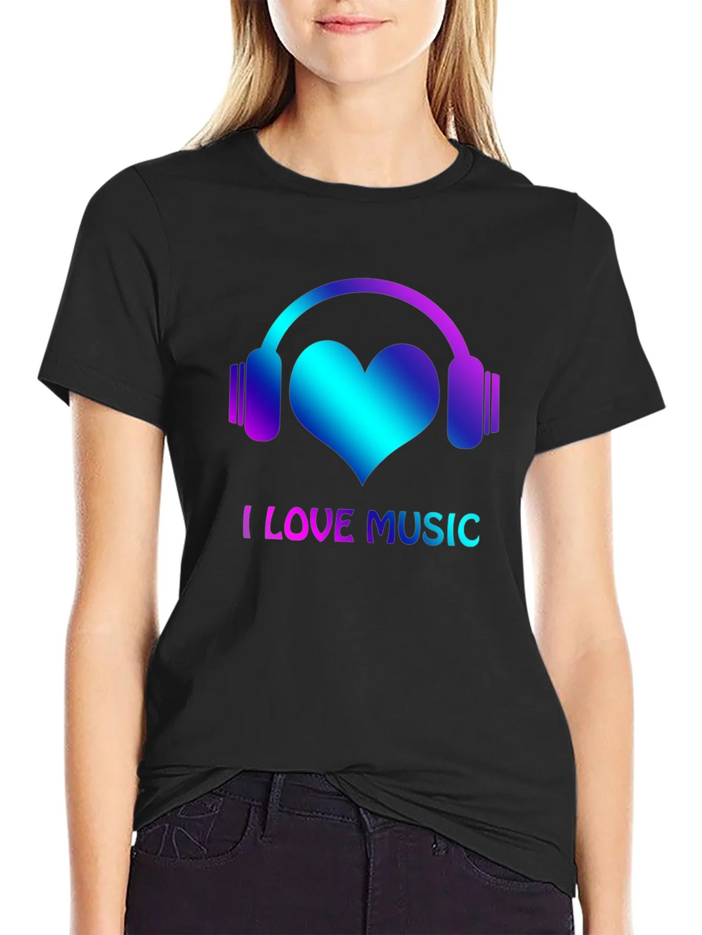 I Love Music Black T-Shirt with Headphone Heart Design