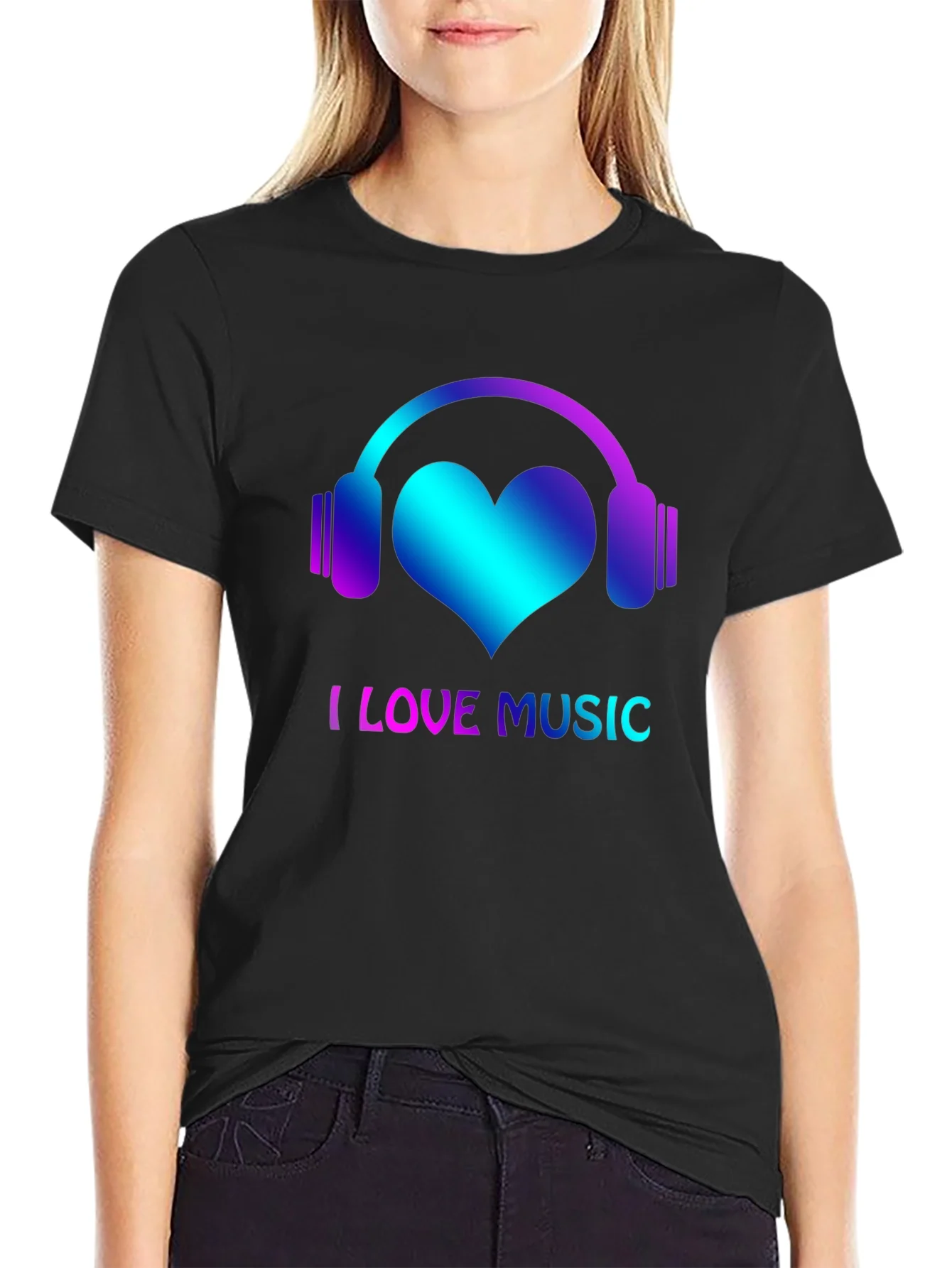 I Love Music Black T-Shirt with Headphone Heart Design