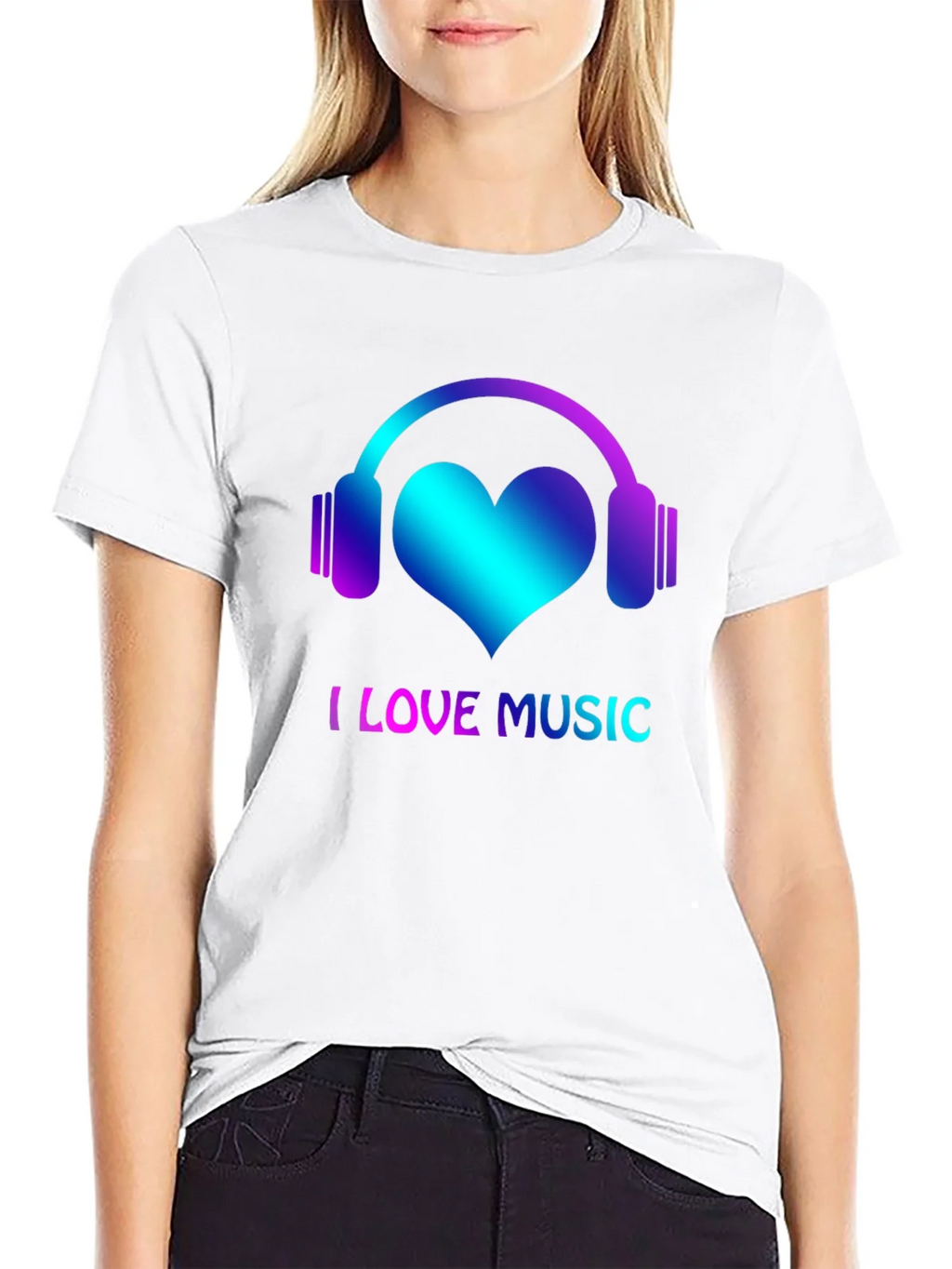 I Love Music Black T-Shirt with Headphone Heart Design