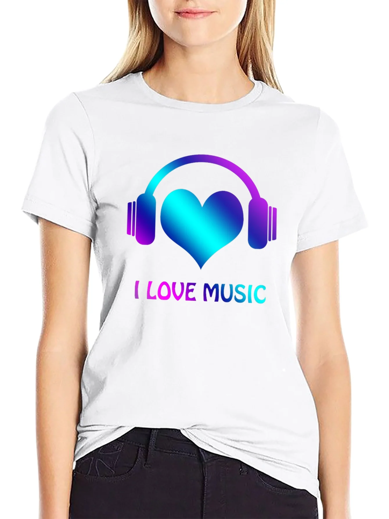 I Love Music Black T-Shirt with Headphone Heart Design
