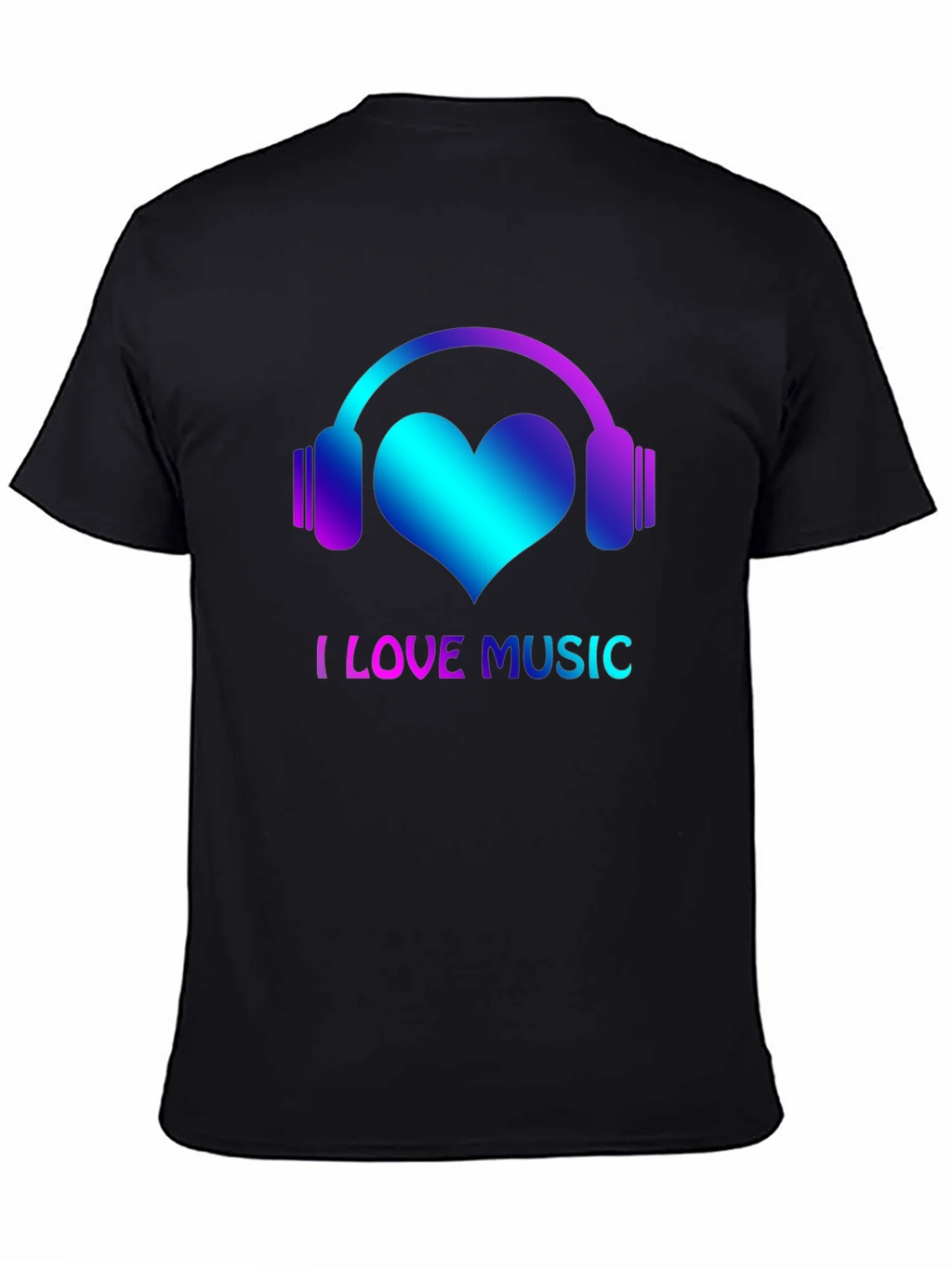 I Love Music Black T-Shirt with Headphone Heart Design