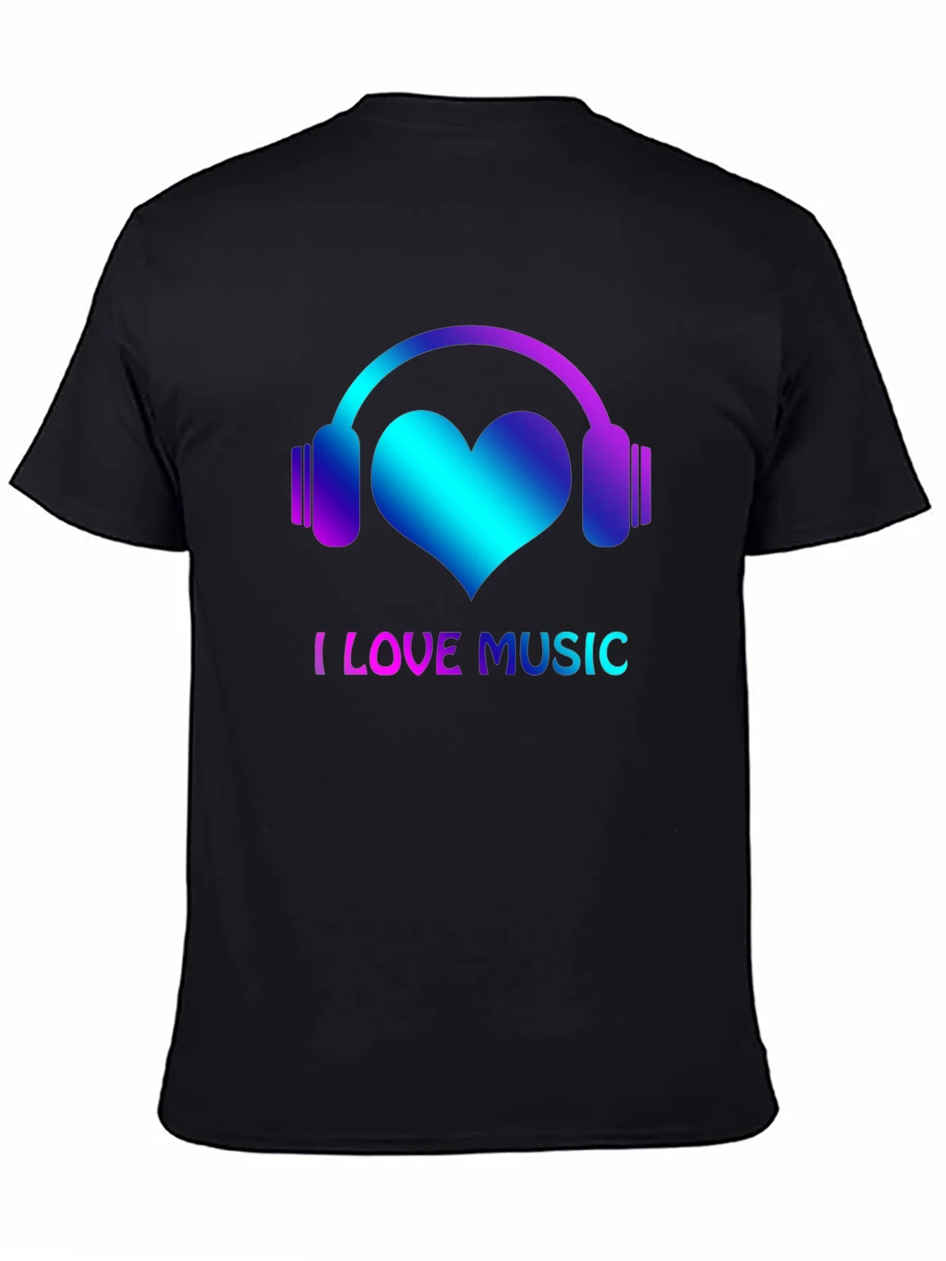 I Love Music Black T-Shirt with Headphone Heart Design