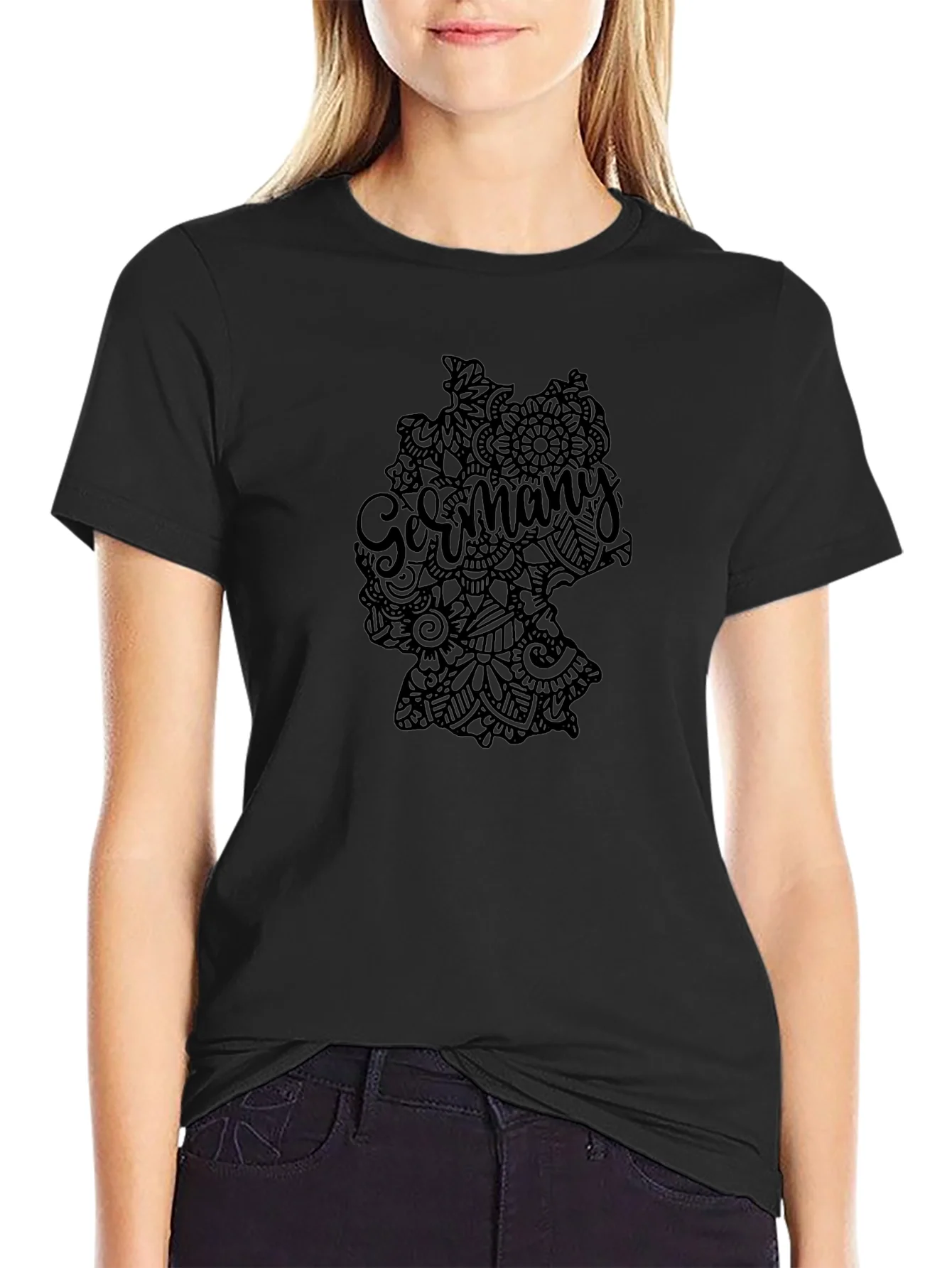 Germany Map Mandala Graphic Tee - Black Casual T-Shirt