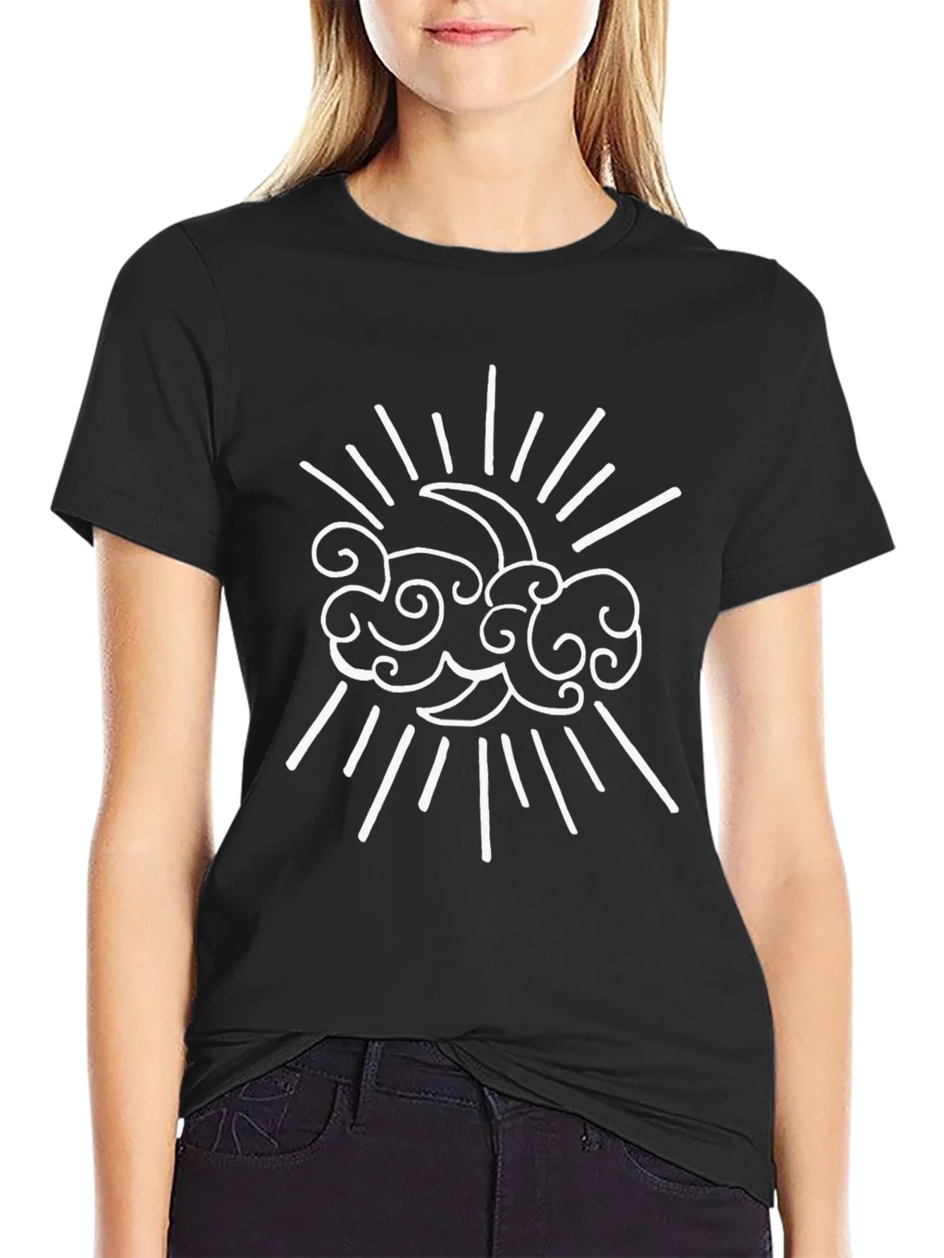 Mystical Cloud & Crescent Moon Graphic Black T-Shirt