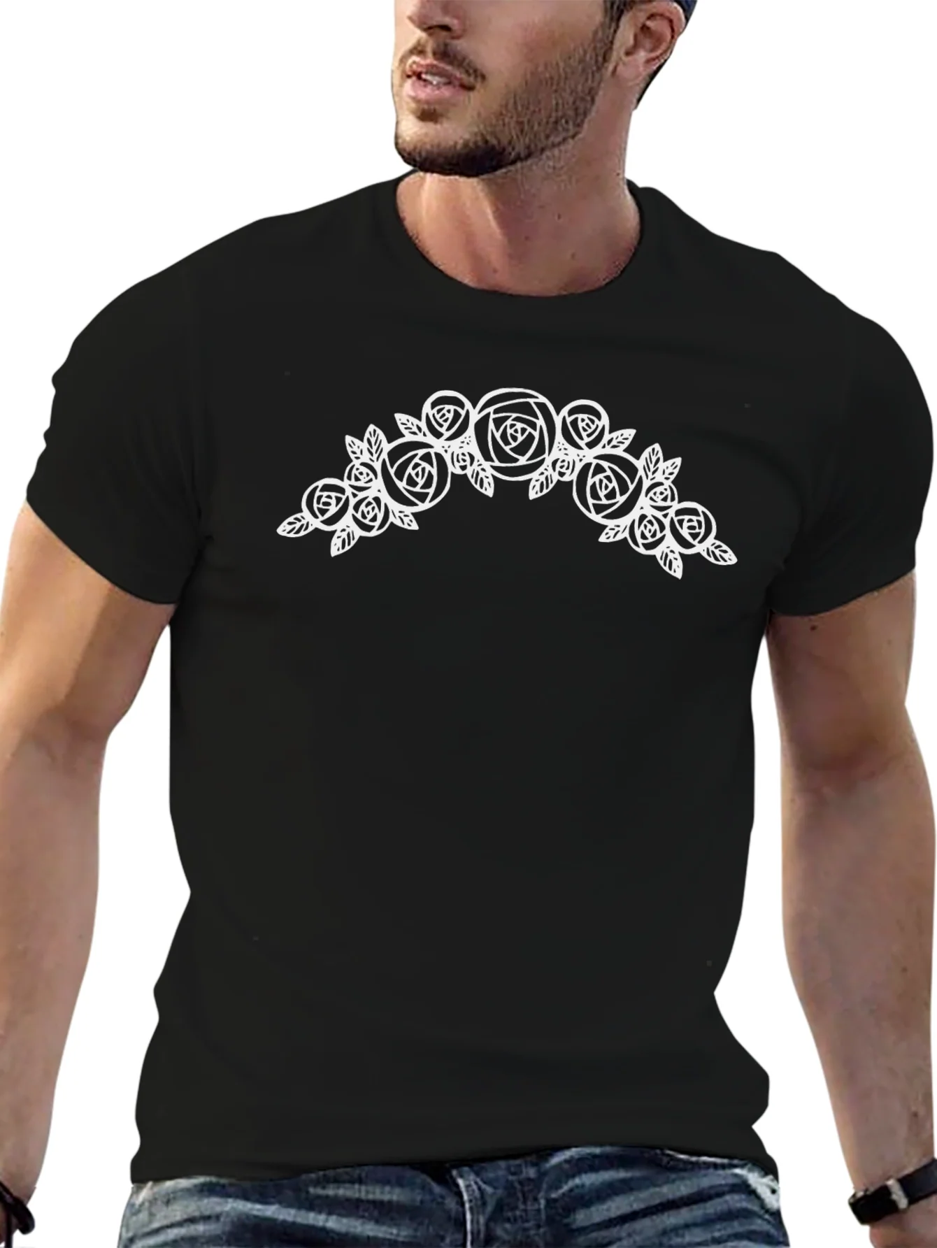 Floral Roses Graphic Tee - Black Cotton Casual T-Shirt