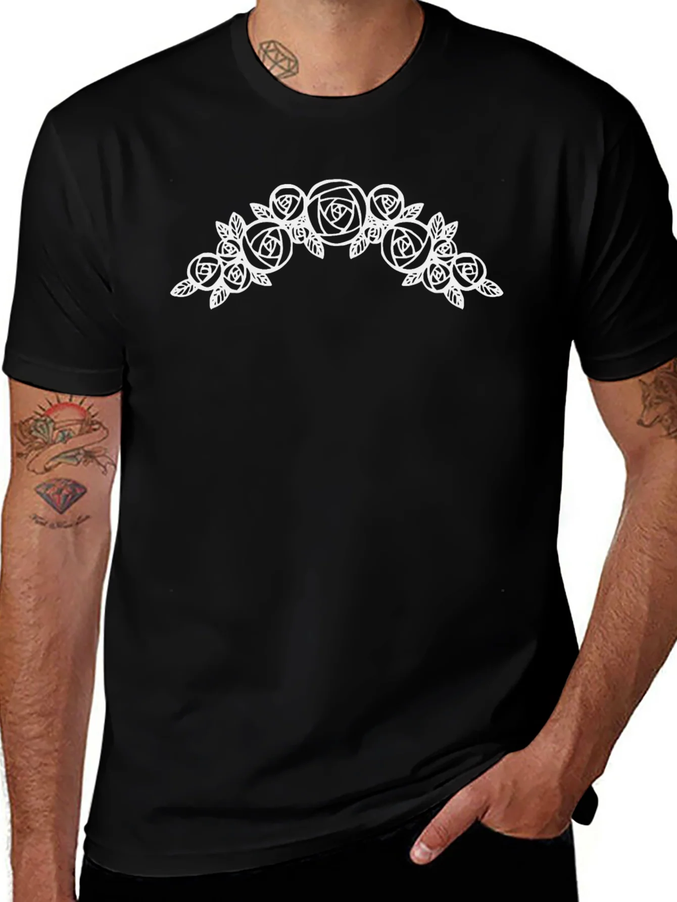 Floral Roses Graphic Tee - Black Cotton Casual T-Shirt