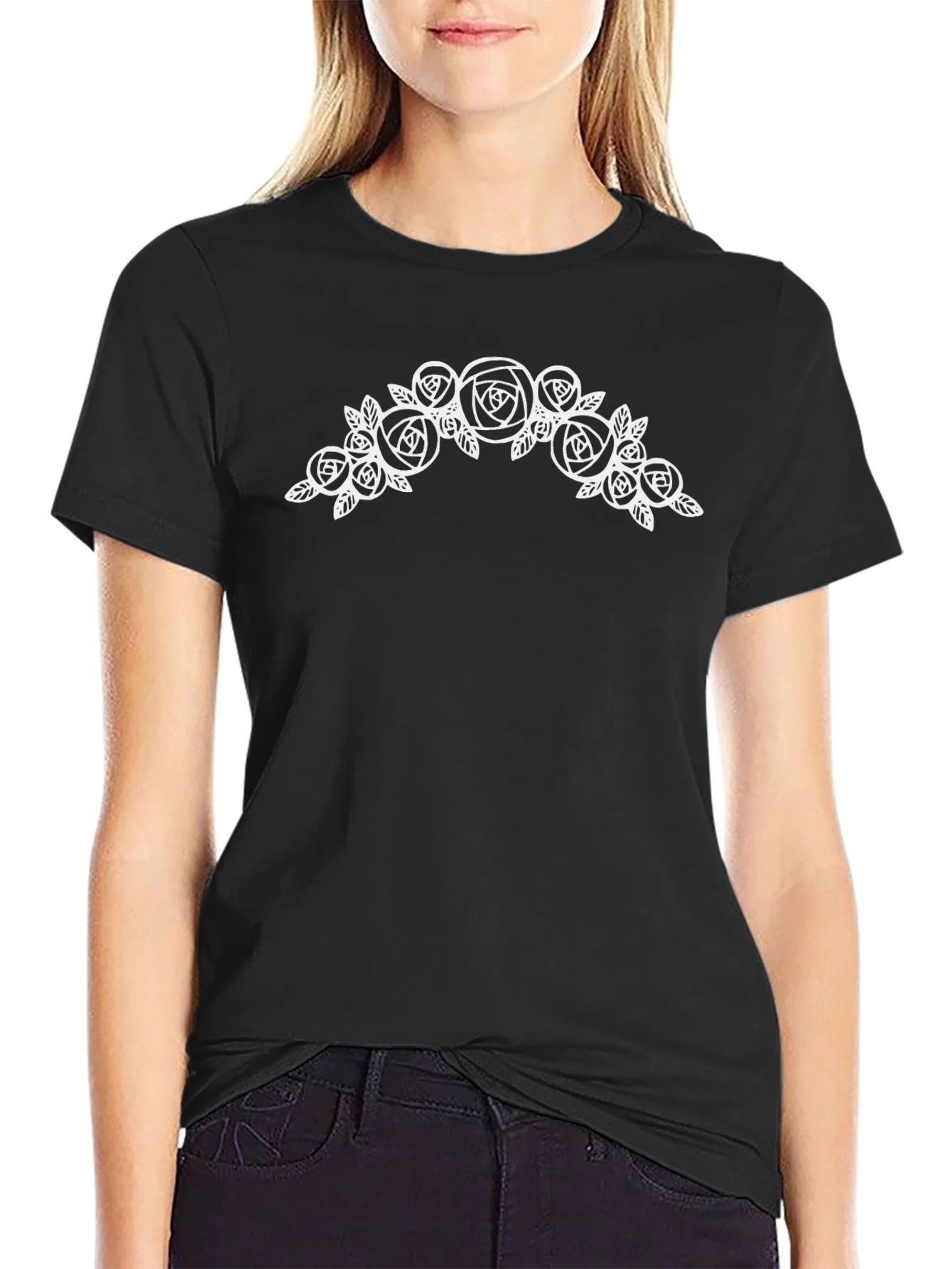 Floral Roses Graphic Tee - Black Cotton Casual T-Shirt