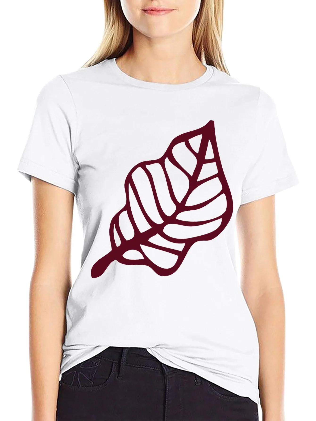 Maroon Leaf Graphic Black T-Shirt