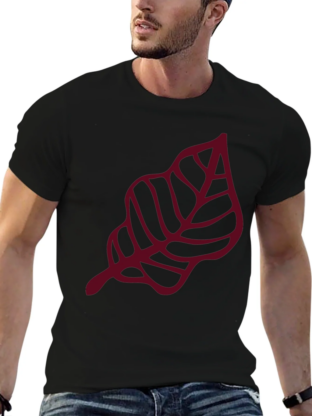 Maroon Leaf Graphic Black T-Shirt