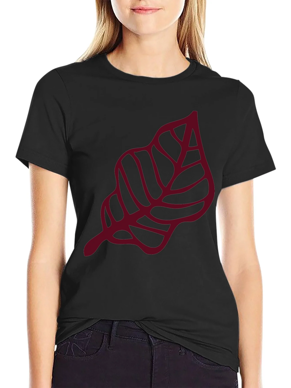 Maroon Leaf Graphic Black T-Shirt