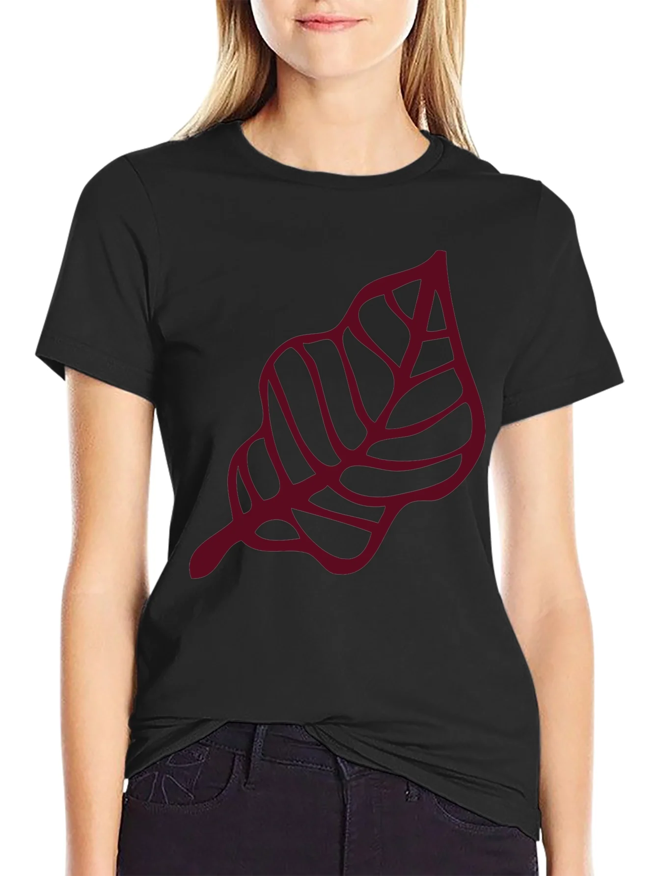 Maroon Leaf Graphic Black T-Shirt